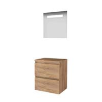 Basic-Line Economic 46 Badkamermeubelset - 60 x 46 cm - Greeploos - 2 Lades - Wastafelblad - Spiegel met LED Verlichting - Whisky Oak