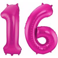 16 jaar verjaardag - Folie ballon cijfers - roze - 88 cm - versiering