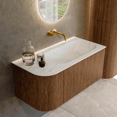 Mondiaz KURVE-DLUX 95 cm Onderkast Greeploos 1 Lade Met Deuren Walnut, Wastafel Solid Surface Rechts Opalo 0 Kraangaten Zonder Spiegel (KRVBGS95L1L1D0KR-Wal/Opa)