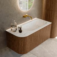 Mondiaz KURVE-DLUX 95 cm Onderkast Greeploos 1 Lade Met Deuren Walnut, Wastafel Solid Surface Rechts Opalo 0 Kraangaten Zonder Spiegel (KRVBGS95L1L1D0KR-Wal/Opa)