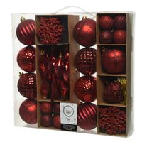50x Rode kerstballen en figuur hangers 4-8-15 cm kunststof mix - thumbnail