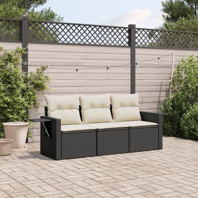 3-delige Loungeset met kussens poly rattan zwart