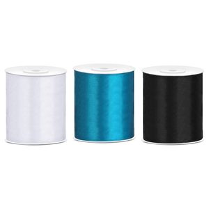 3x rollen hobby decoratie satijnlint zwart-wit-turquoise blauw 10 cm x 25 meter - Cadeaulinten