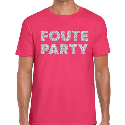 Foute party tekst t-shirt - roze - voor heren - met zilver glitters print - feestkleding