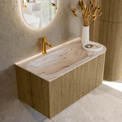 Badmeubel Mondiaz Kurve-Dlux | 95 cm | Meubelkleur Dusk | Wastafelkleur Nata | Solid surface | Wasbak linker zijde spoelbak | 1 kraangat