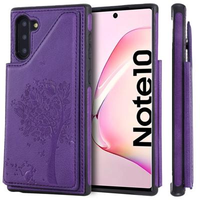 Voor Galaxy Note 10 kat boom reliëf patroon schokbestendige beschermhoes met kaartsleuven & fotolijstjes (paars)