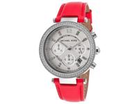 Michael Kors Dames MK2278 Parker chronograaf zilveren wijzerplaat roze lederen band horloge