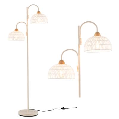 Moderne 2-Lamps Vloerlamp 350° Draaibare Schachtlamp met Voetschakelaar Geweven Kappen en 2 E27 Lampvoeten Zware Voet