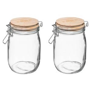 2x stuks voorraadbussen/voorraadpotten 1L glas met houten deksel en beugelsluiting - Voorraadpot