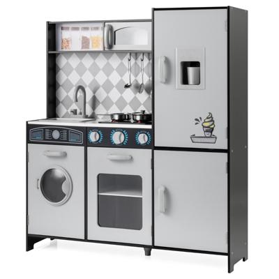 Houten Speelkeuken Keukenspeelset met Ijsmachine Fornuis Wasmachine Oven Magnetron Keukengerei Grijs