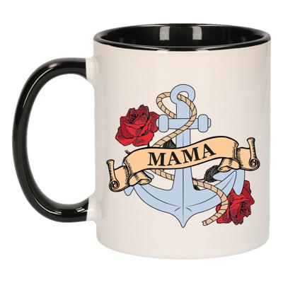 Cadeau koffie/thee mok voor mama - anker - rozen - zwart - 300 ml - keramiek - Moederdag Cadeau koffie/thee mok voor mama - anker - rozen - zwart - 300 ml - keramiek - Moederdag