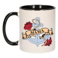 Cadeau koffie/thee mok voor mama - anker - rozen - zwart - 300 ml - keramiek - Moederdag
