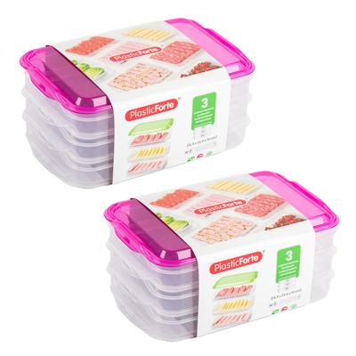 Vleeswaren bewaarbakjes - 2x - transparant/roze - 24 x 16 x 10 cm - 3 lagen - broodbeleg vershouddoo