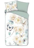 Descanso Dekbedovertrek "bloemen en vlinders" - Wit - (140x200/220 cm) - Katoen Satijn