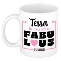 Naam mok Tessa - wit - Fabulous - keramiek - 300 ml - cadeau collega beker