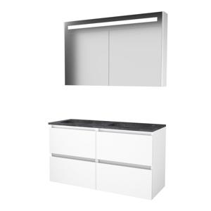 Basic-Line Premium 46 badkamermeubelset - 120x46cm - greeploos - 4 lades - hardsteen wastafel - 2 kraangaten - Spiegelkast - geintegreerde LED verlichting - MDF lak Ice White 1813207