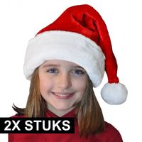 2x Pluche luxe kerstmuts rood/wit voor kinderen - thumbnail