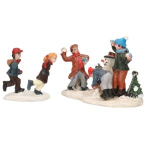 Kerstdorp figuren - kinderen - sneeuwballen gooien - 6,5 cm - polyresin - figuurtjes