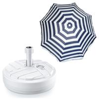 Tuin parasol met voet van 10 liter - blauw/wit strepen - polyester/kunststof - Dia 200 cm