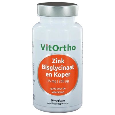 VitOrtho Zink bisglycinaat 15 mg en koper 250 mcg (60 vcaps)