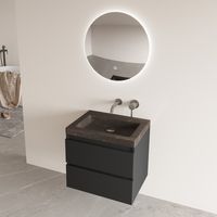 Fontana Freestone badkamermeubel mat zwart 60cm met natuurstenen wastafel zonder kraangat en ronde spiegel