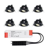 Set van 6 Sienna LED Mini Inbouwspots met trafo - 12 Volt 3 Watt 200 lumen - Kantelbaar - Plat 58mm - 2700K - IP44 waterdicht - Zwart