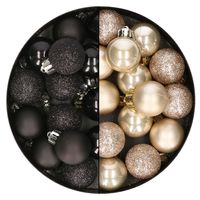 28x stuks kleine kunststof kerstballen zwart en champagne 3 cm - thumbnail