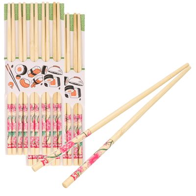 Sushi eetstokjes 10x setjes - bamboe hout - roze bloemen print - 24 cm