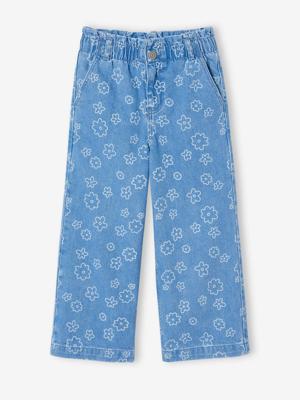 Wijde jeans in paperbagstijl met bloemmotieven voor meisjes middenblauw