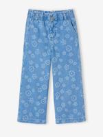 Wijde jeans in paperbagstijl met bloemmotieven voor meisjes middenblauw Wijde jeans in paperbagstijl met bloemmotieven voor meisjes middenblauw