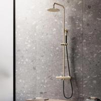 Regendouche set SaniClear Brass Pro | Opbouw | 20 cm | Thermostaatkraan | 2-weg | Rond | Geborsteld messing - mat goud Regendouche set SaniClear Brass Pro | Opbouw | 20 cm | Thermostaatkraan | 2-weg | Rond | Geborsteld messing - mat goud