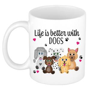 Cadeau koffie/thee mok - life is better with dogs - wit - 300 ml - keramiek - honden