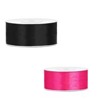 Bellatio decorations 2x rollen satijn cadeaulint/sierlint - 2.5 cm x 25 meter - roze en zwart