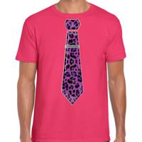 Bellatio Decorations Verkleed T-shirt heren - panterprint stropdas - roze - foute party - carnaval 2XL  -