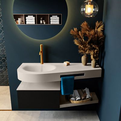 MONDIAZ RIVA 120cm badmeubel onderkast / planchet kleur Urban met 1 lade. Wastafel DULCET links 1 kraangat kleur Linen. MONDIAZ RIVA 120cm badmeubel onderkast / planchet kleur Urban met 1 lade. Wastafel DULCET links 1 kraangat kleur Linen.