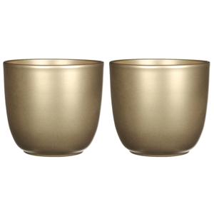 Mica Decorations Bloempot - Set van 2x stuks - goud - glanzend - keramiek - 14 x 14 cm - plantenpott