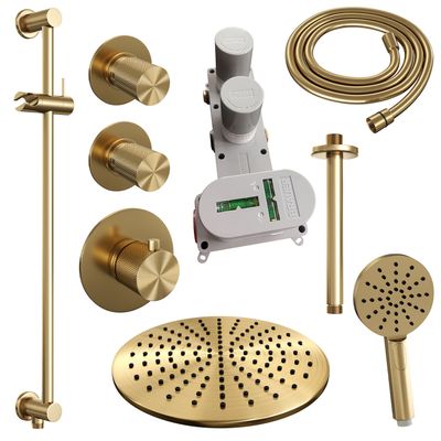 Regendoucheset Inbouw Brauer Gold Carving Thermostatisch 30 cm met Plafondarm, Glijstang en Handdouche 3-Standen Geborsteld Goud Brauer