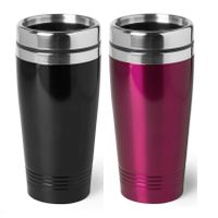 Set van 2x stuks Warmhoudbekers/warm houd bekers metallic zwart en roze 450 ml - thumbnail