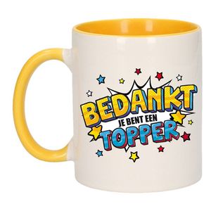 Bedankt topper cadeau mok / beker wit en geel met sterren 300 ml - feest mokken