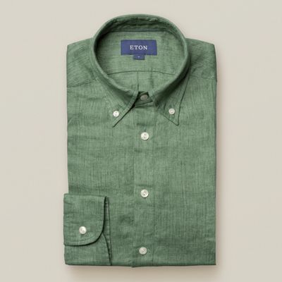 Eton Heren Popover Overhemd Luxe Linnen Groen Slim Fit