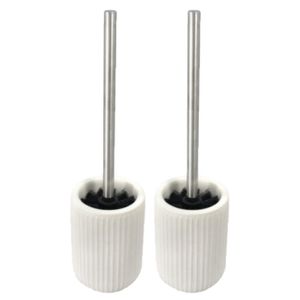 2x stuks toiletborstels wit ribbel met houder keramiek 40 cm