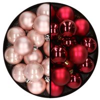 32x stuks kunststof kerstballen mix van lichtroze en donkerrood 4 cm