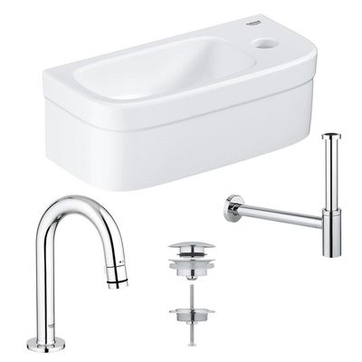 GROHE Euro fonteinset 37x18cm 1 kraangat zonder overloop gebogen chromen kraan sifon afvoerplug fontein Rechthoek wit 0437366/0434215/ga31755/sw197129/