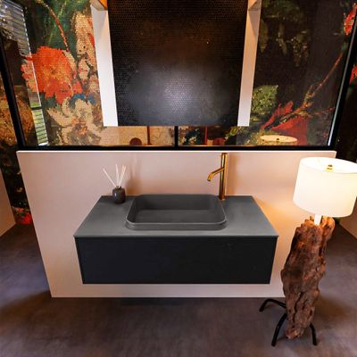 Badkamermeubelset Mondiaz Erin 100 cm met 1 Lade met RIDGE Wastafel Midden Dark grey met 1 kraangat Greeploos Mat Urban