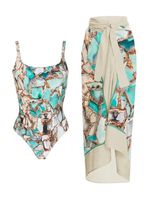 Abstract Printing Vacation Scoop Neck One Piece With Cover Up - thumbnail