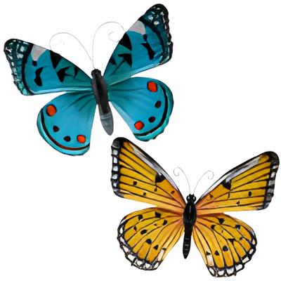 Wanddecoratie vlinders - 2x stuks - aqua en geel - 34 x 28 cm - metaal - muurdecoratie tuin