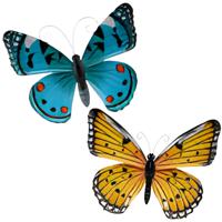 Wanddecoratie vlinders - 2x stuks - aqua en geel - 34 x 28 cm - metaal - muurdecoratie tuin