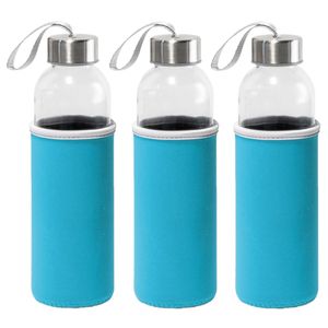 3x Stuks glazen waterfles/drinkfles met turquoise blauwe softshell bescherm hoes 520 ml