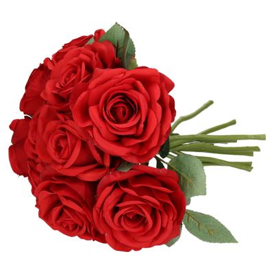 Kunstbloem Roos de luxe - 10x - rood - 30 cm - kunststof steel - decoratie bloemen