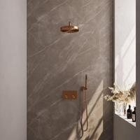 BRAUER Stripe Thermostatische Inbouw Regendouche - drukknoppen - SET 26 - 25cm douchekop - gebogen muurarm - staaf handdouche - doucheslang - wandaansluitbocht - koper geborsteld PVD 5-GK-415